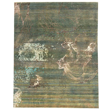 Transitional Silk & Wool Green Handknotted Rug