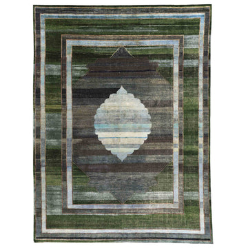 Transitional Silk & Wool Green Handknotted Rug