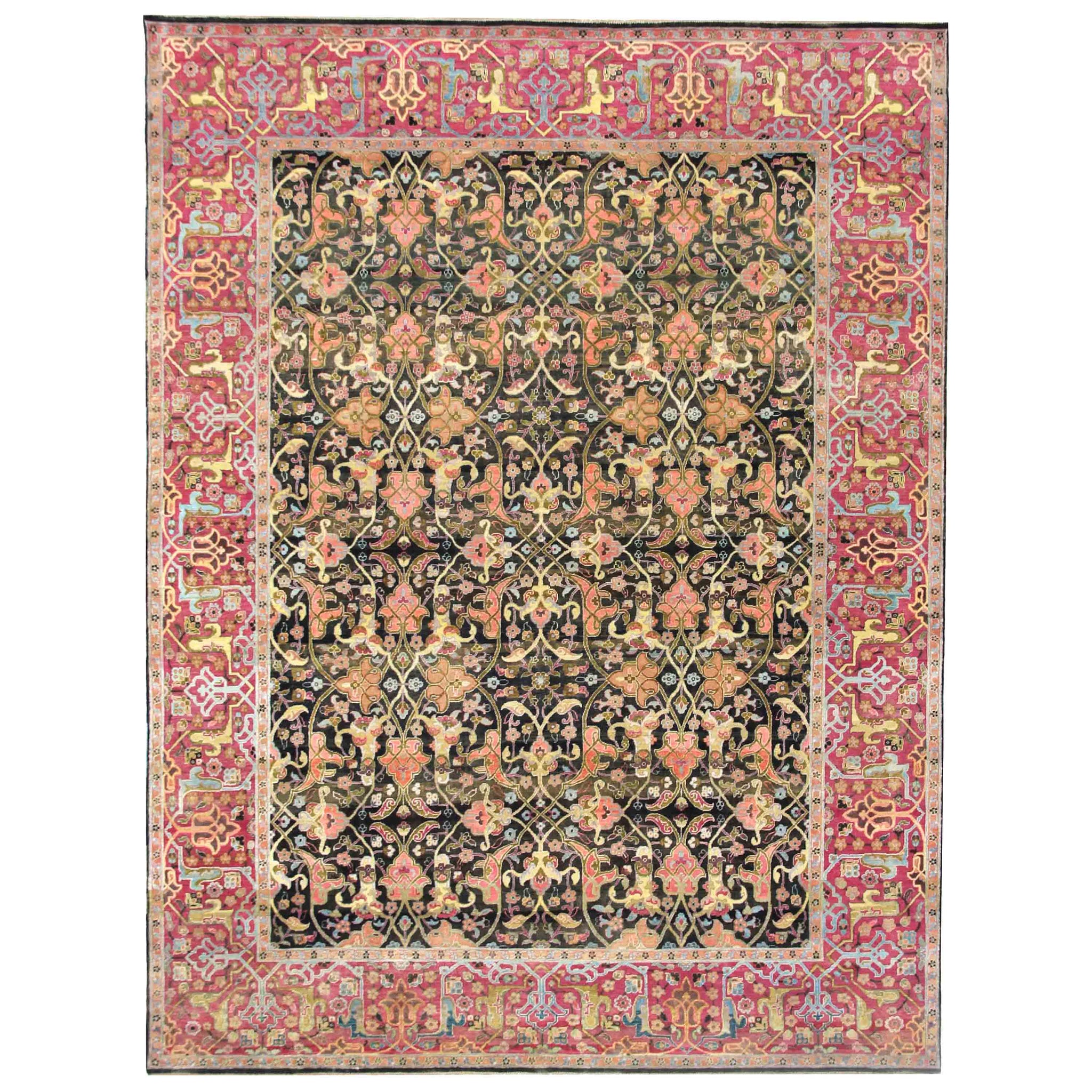 Traditional Wool & Silk Black Handknotted Rug