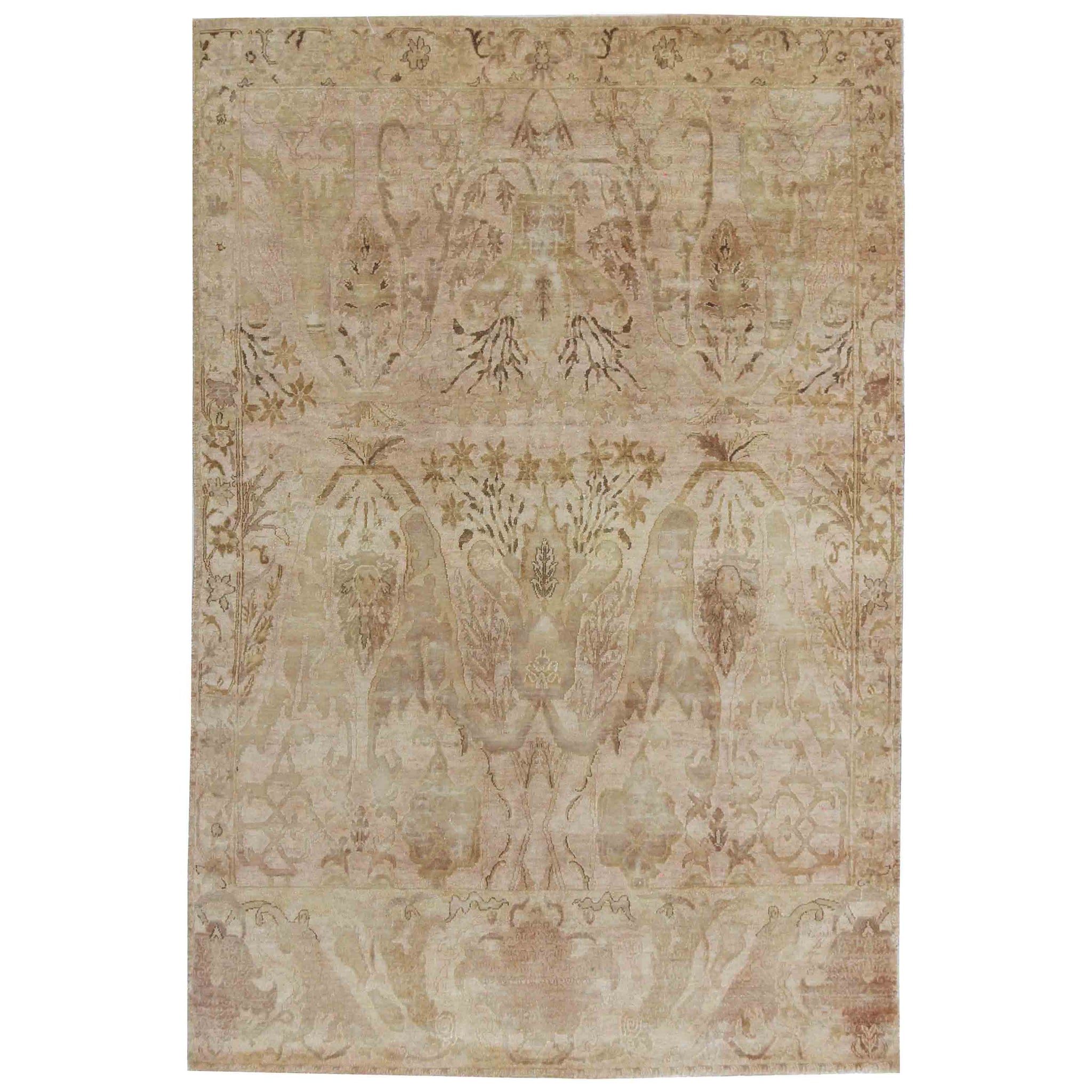 Transitional Wool & Silk Cream Handknotted Rug