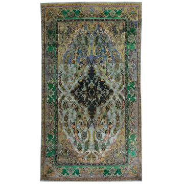 Transtional Silk & Wool Green Handknotted Rug