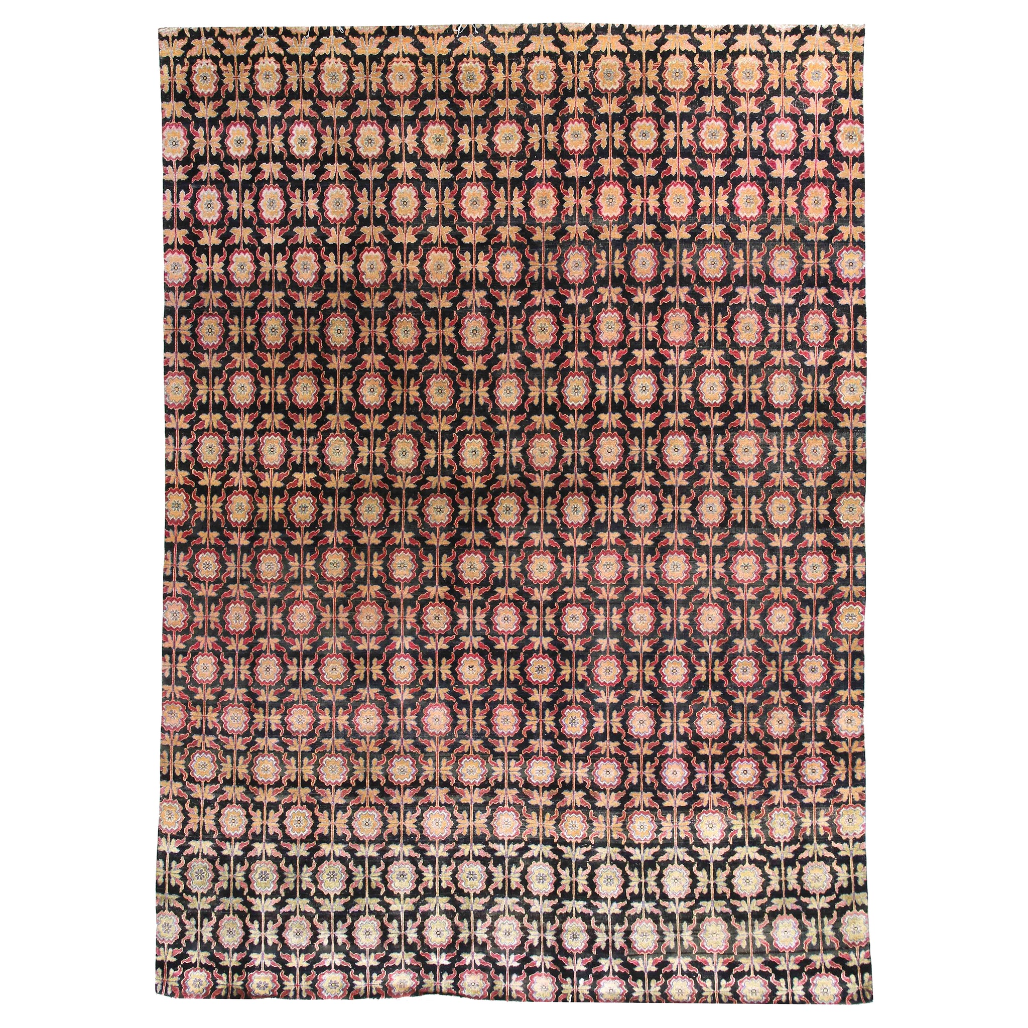 Transitional Wool & Silk Black Handknotted Rug