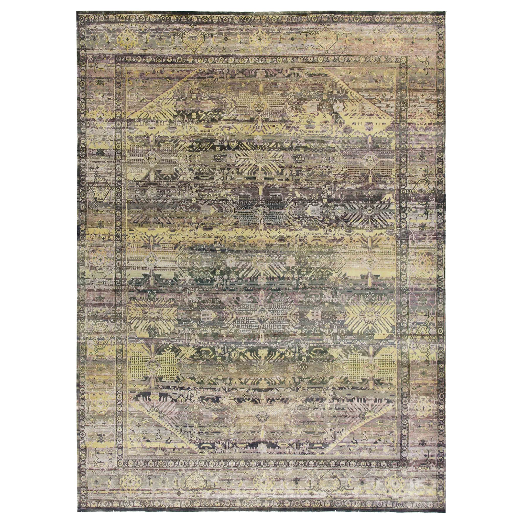 Transitional Wool & Silk Green Handknotted Rug