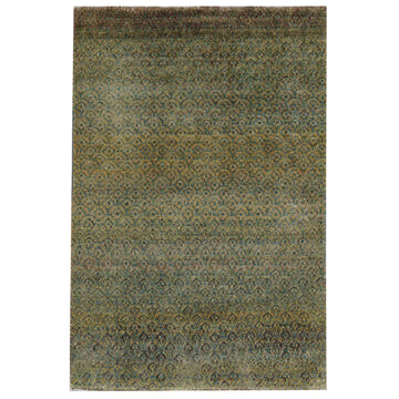 Transtional Silk & Wool Green Handknotted Rug