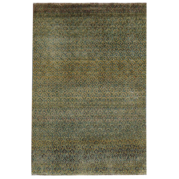 Transtional Silk & Wool Green Handknotted Rug