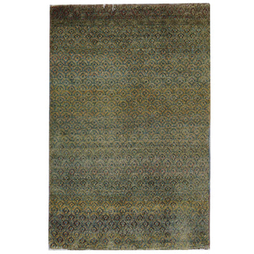 Transtional Silk & Wool Green Handknotted Rug