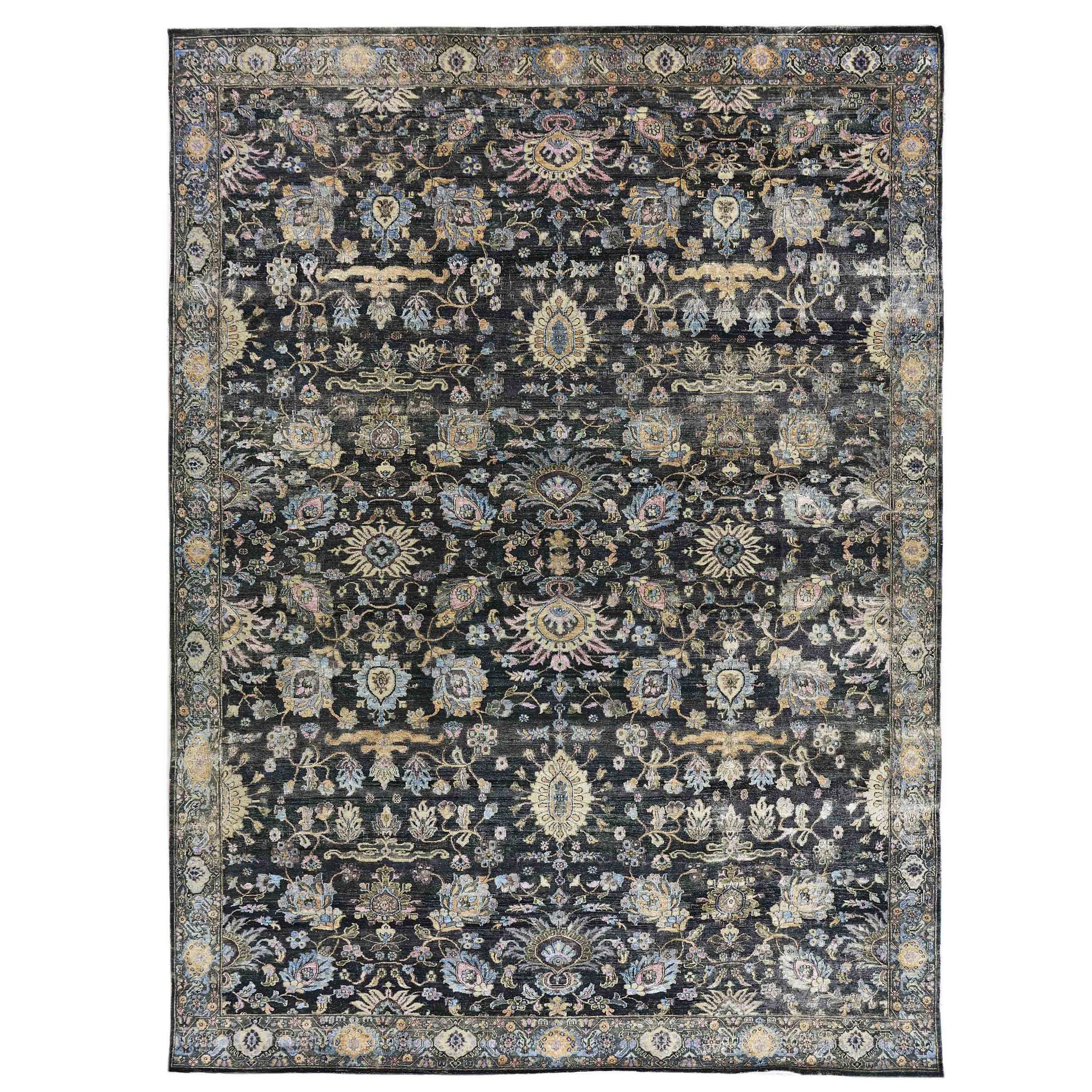 Transtional Silk & Wool Black Handknotted Rug