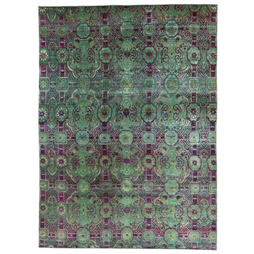 Transtional Silk & Wool Green Handknotted Rug