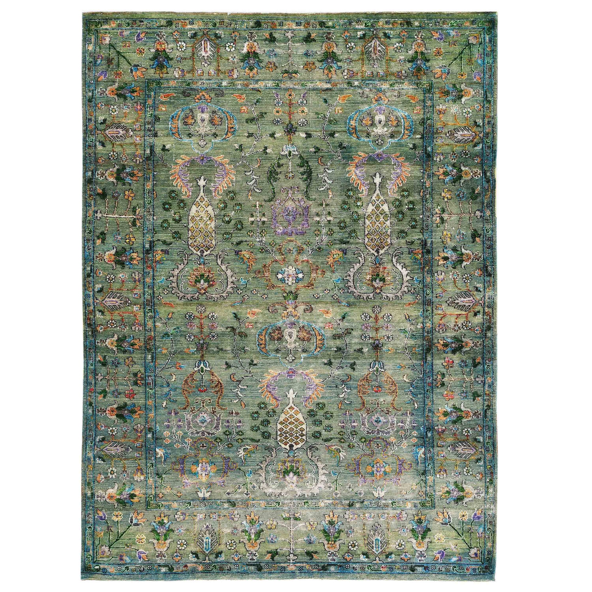 Transtional Silk & Wool Green Handknotted Rug