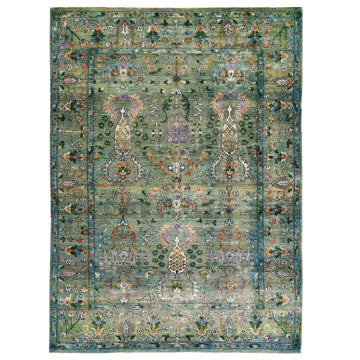 Transtional Silk & Wool Green Handknotted Rug