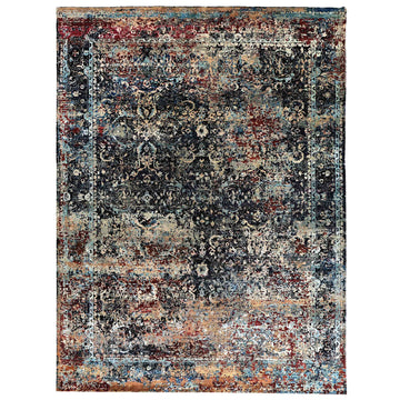 Transtional Silk & Wool Black Handknotted Rug