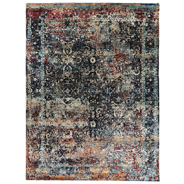 Transtional Silk & Wool Black Handknotted Rug