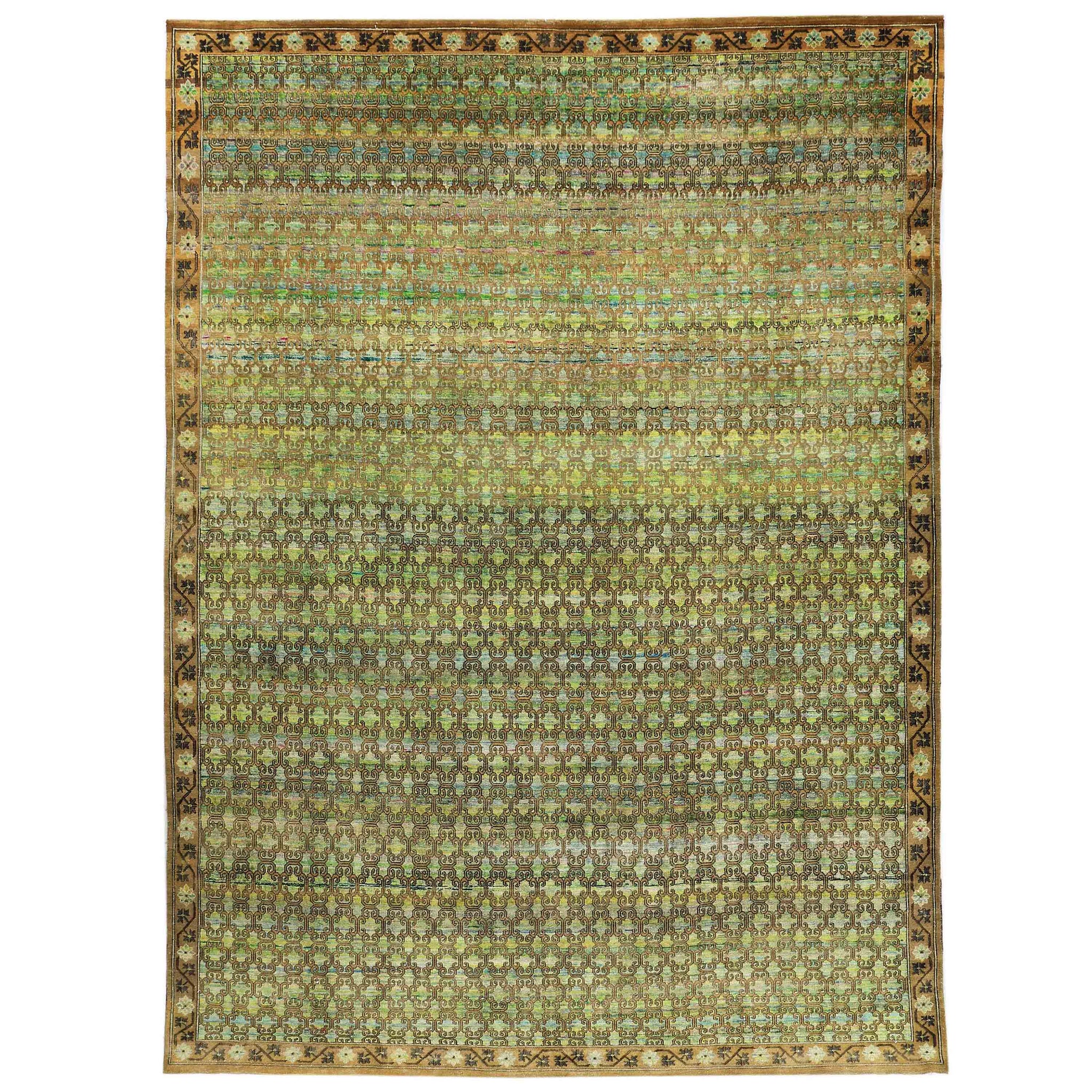 Transtional Silk & Wool Green Handknotted Rug