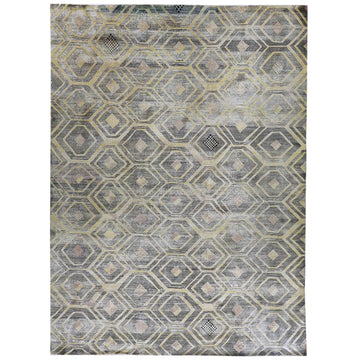 Transtional Silk & Wool Grey Handknotted Rug