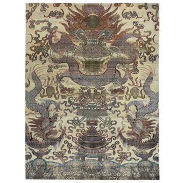 Transtional Silk & Wool Beige Handknotted Rug