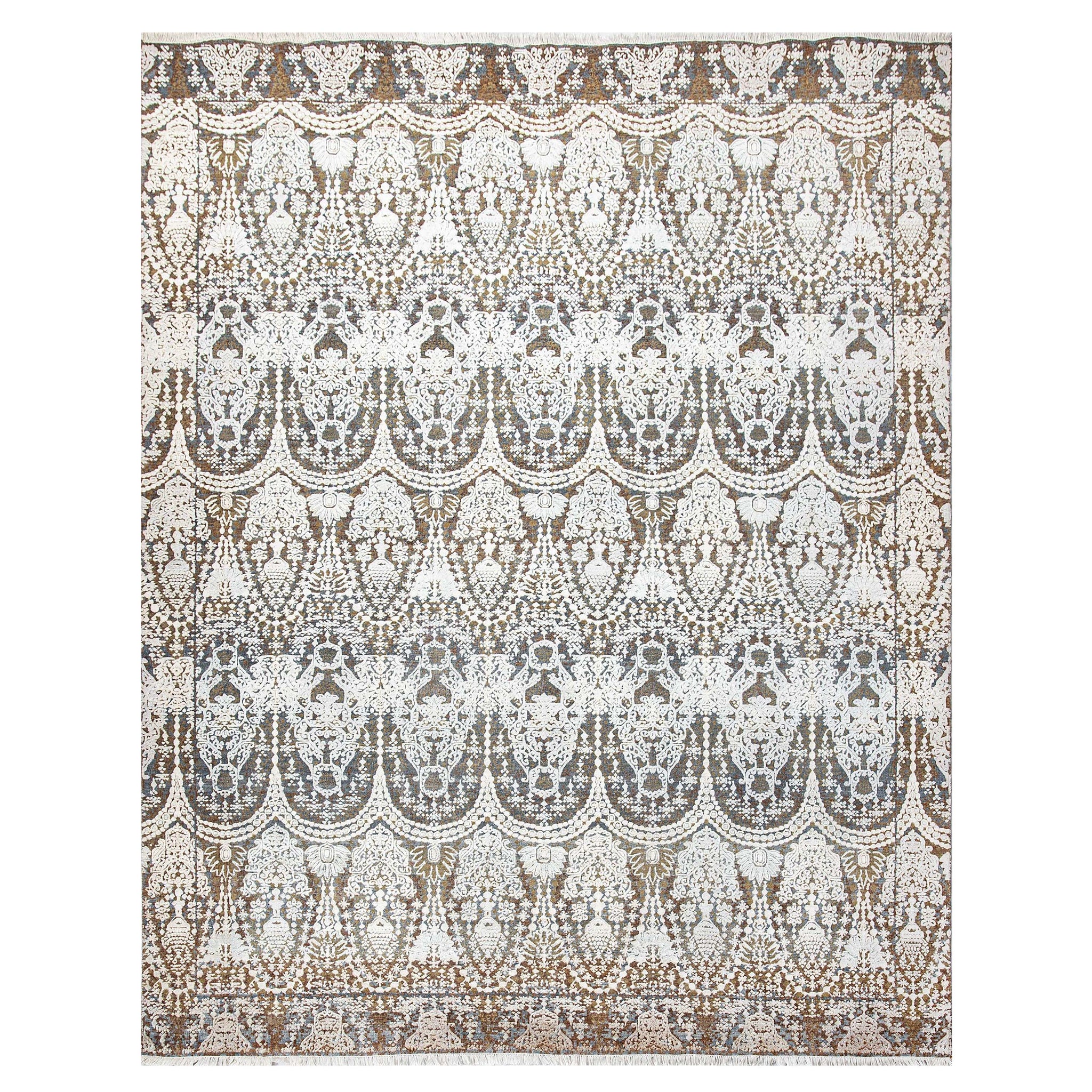 Modern Wool & Silk Rust Handknotted Rug
