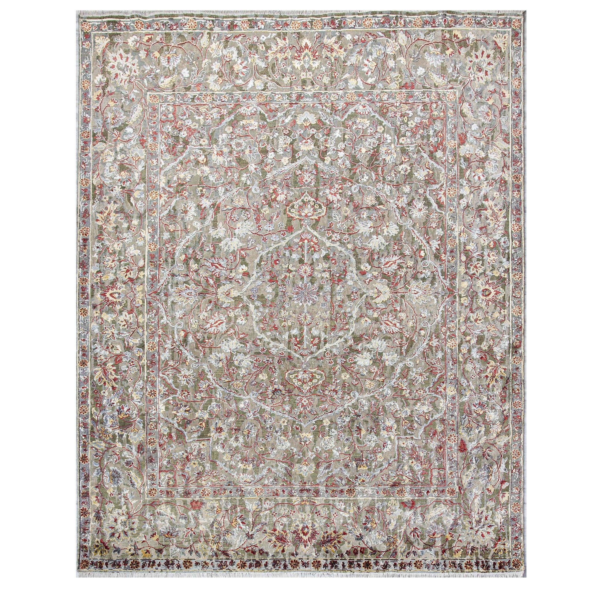 Modern Wool & Silk Green Handknotted Rug