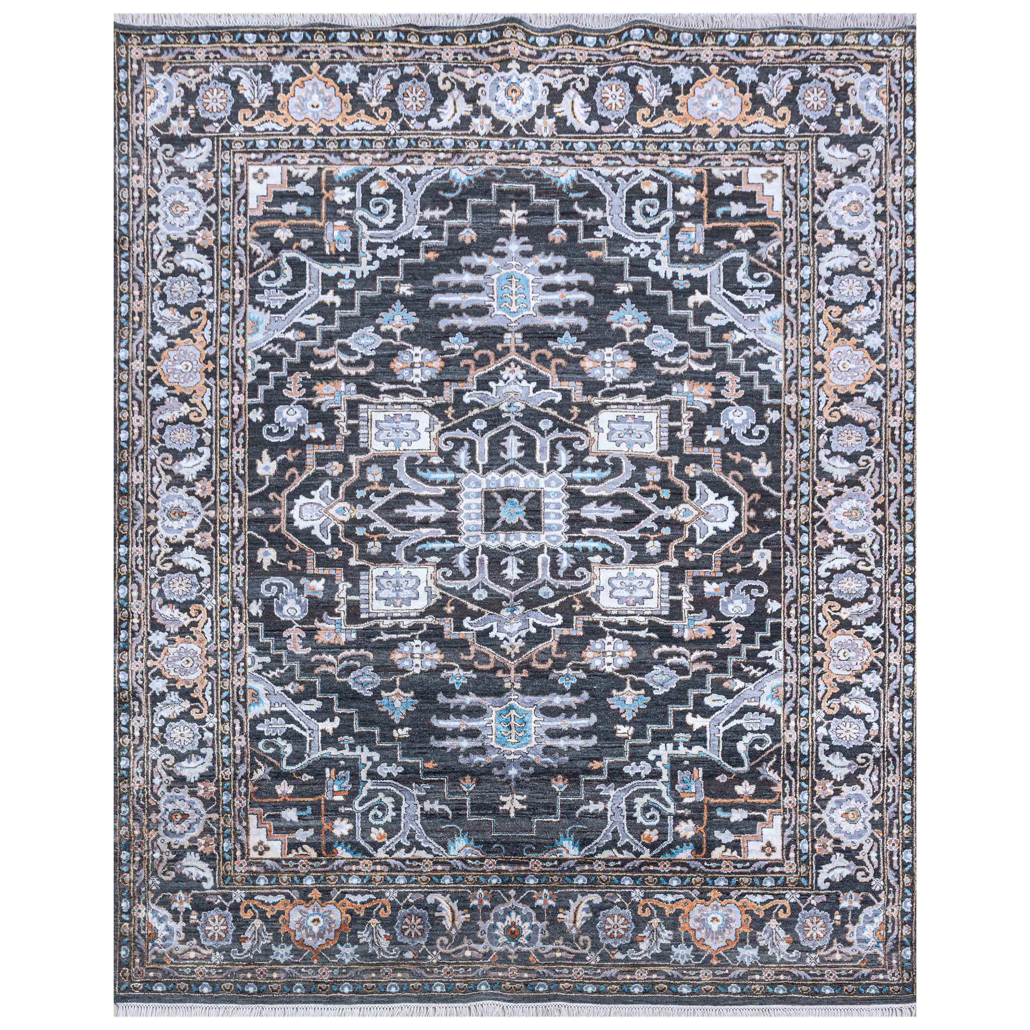 Traditional Wool & Bamboo Dark Grey Handknotted Rug