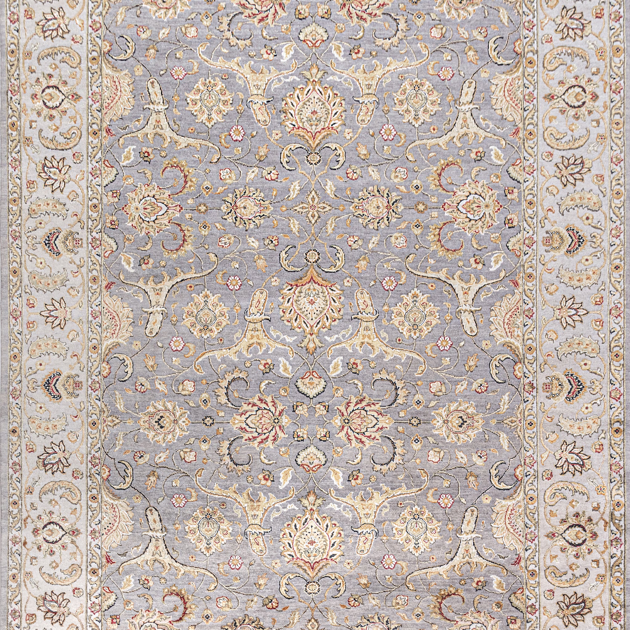 Traditional Wool & Silk Grey Handknotted Rug