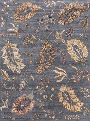 Traditional Wool & Silk Grey Handknotted Rug