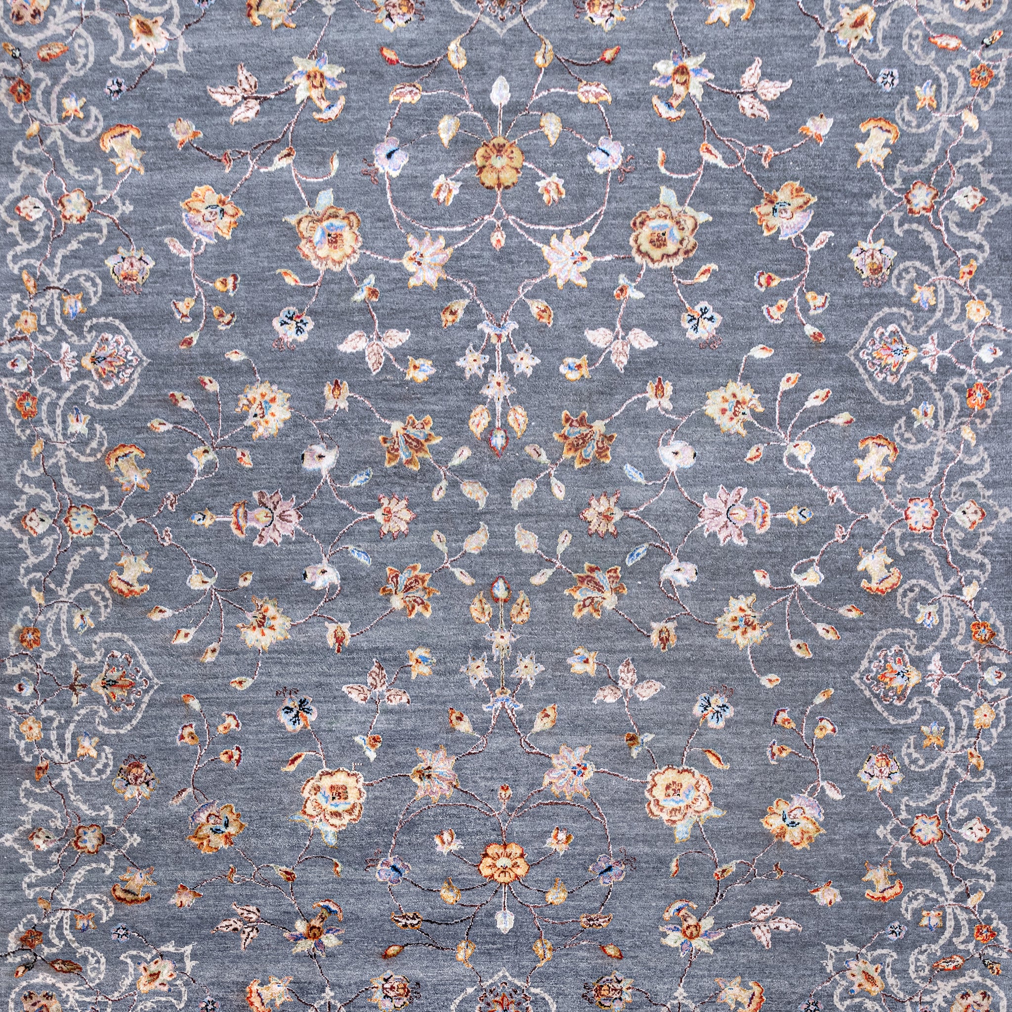 Traditional Wool & Silk Grey Handknotted Rug