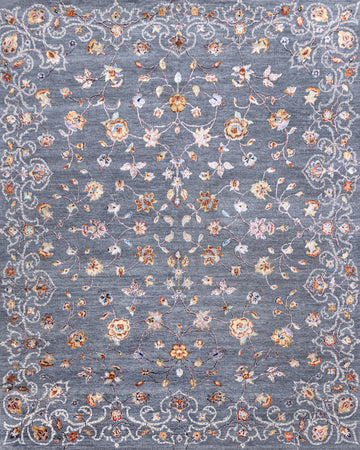 Traditional Wool & Silk Grey Handknotted Rug
